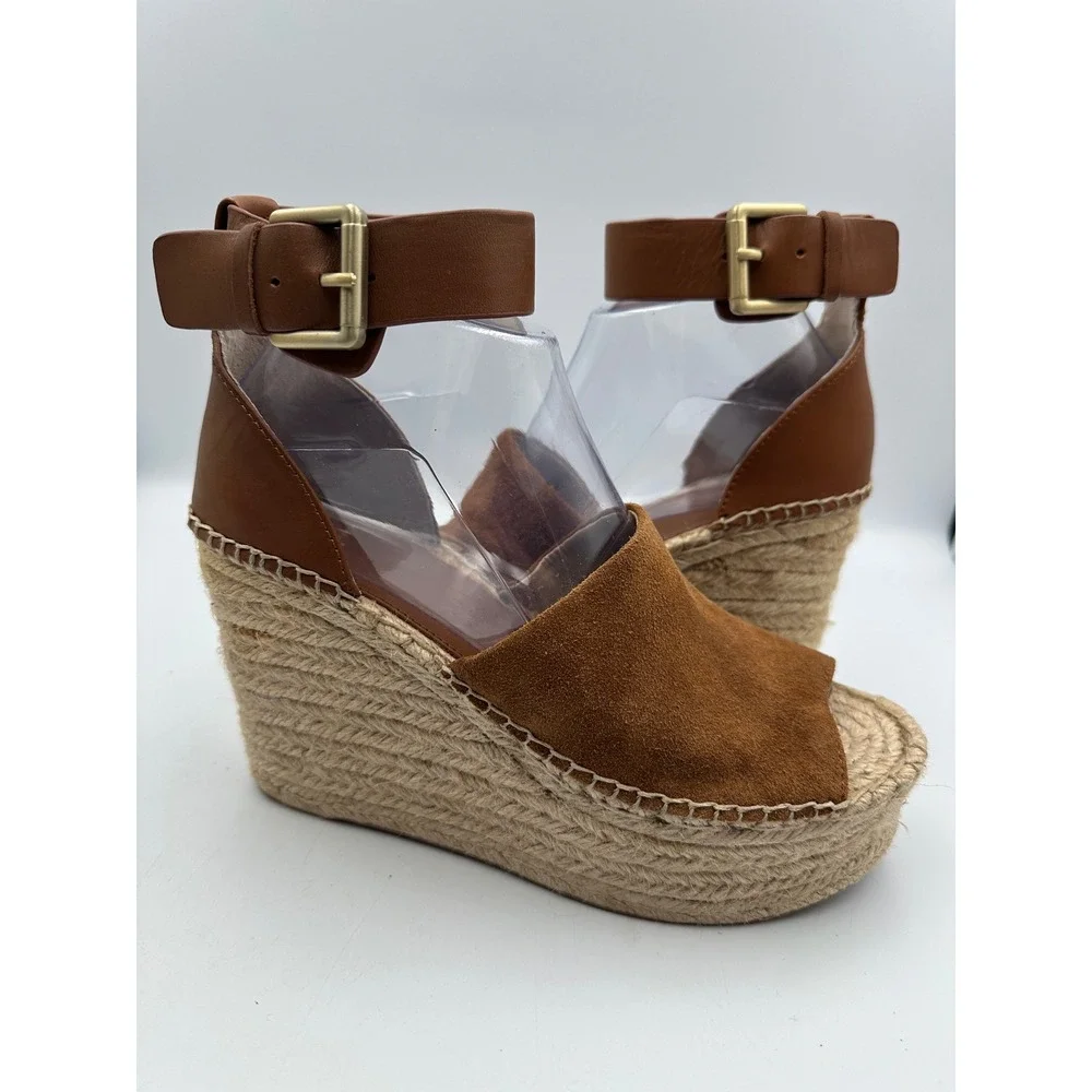 New Marc Fisher Espadrille Wedge Sandals 7 Brown Suede Adalyn Platform Summer